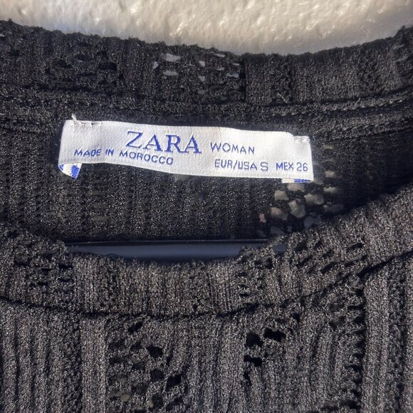 Zara Black Lace Knit Short-Sleeve Womens Top Size S Ribbed Hem Elegant Design - Picture 3 of 16